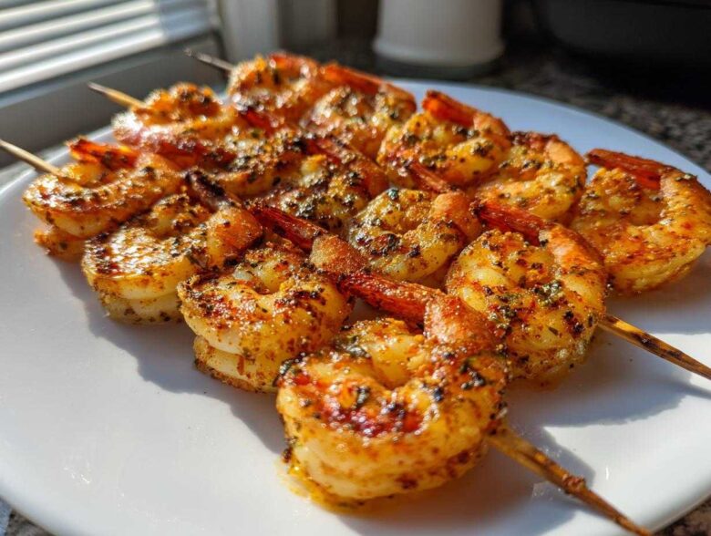 Close-up of several Air Fryer Crispy Cajun Shrimp Skewers arranged on a white plate, glistening with seasoning.