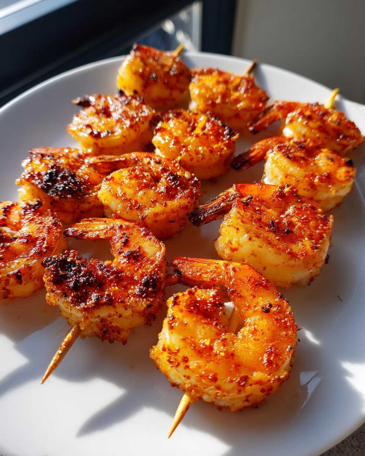 Close-up of perfectly cooked Air Fryer Crispy Cajun Shrimp Skewers seasoned with vibrant red spices on a white plate.