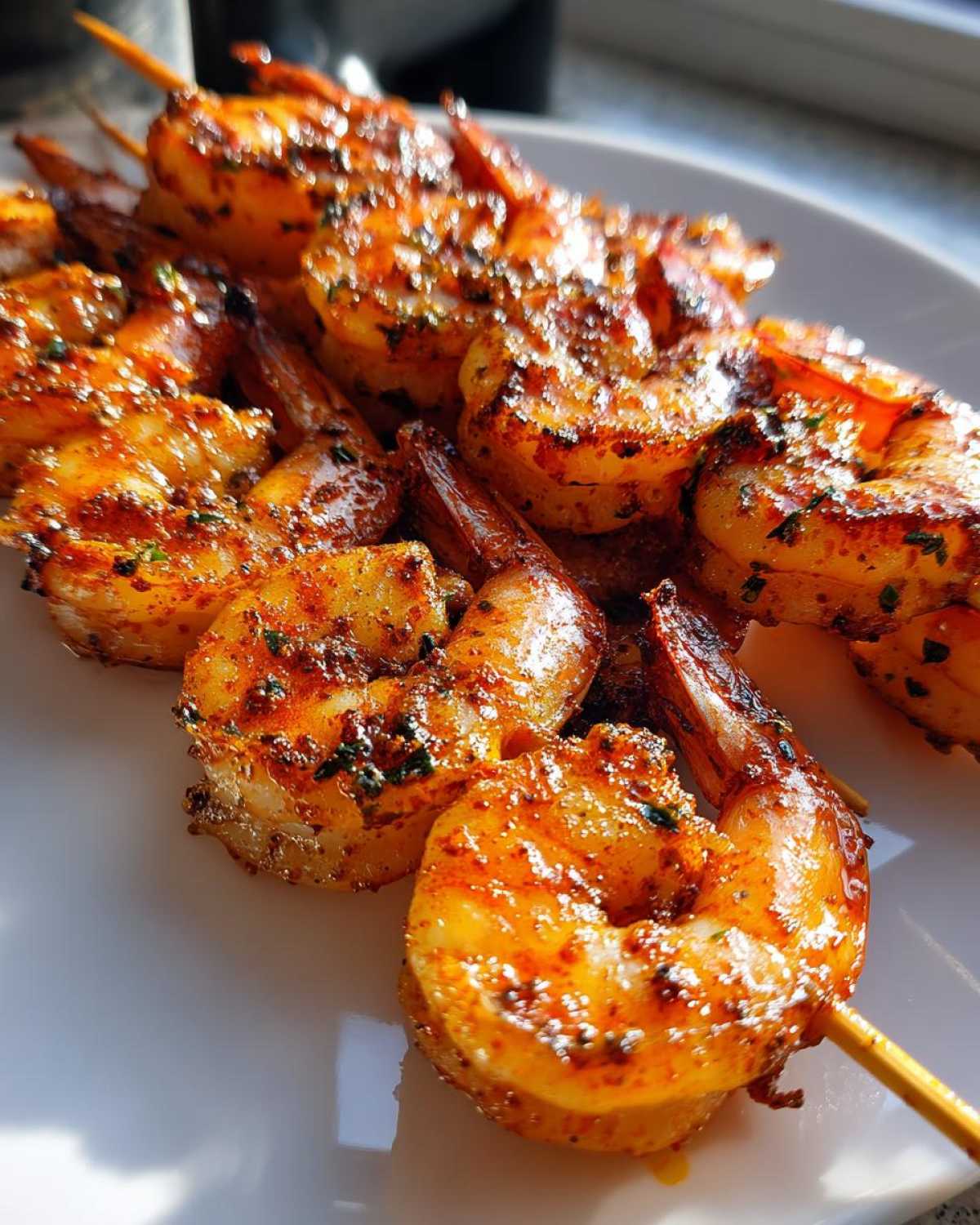 Close-up of perfectly cooked Air Fryer Crispy Cajun Shrimp Skewers glistening with seasoning on a white plate.