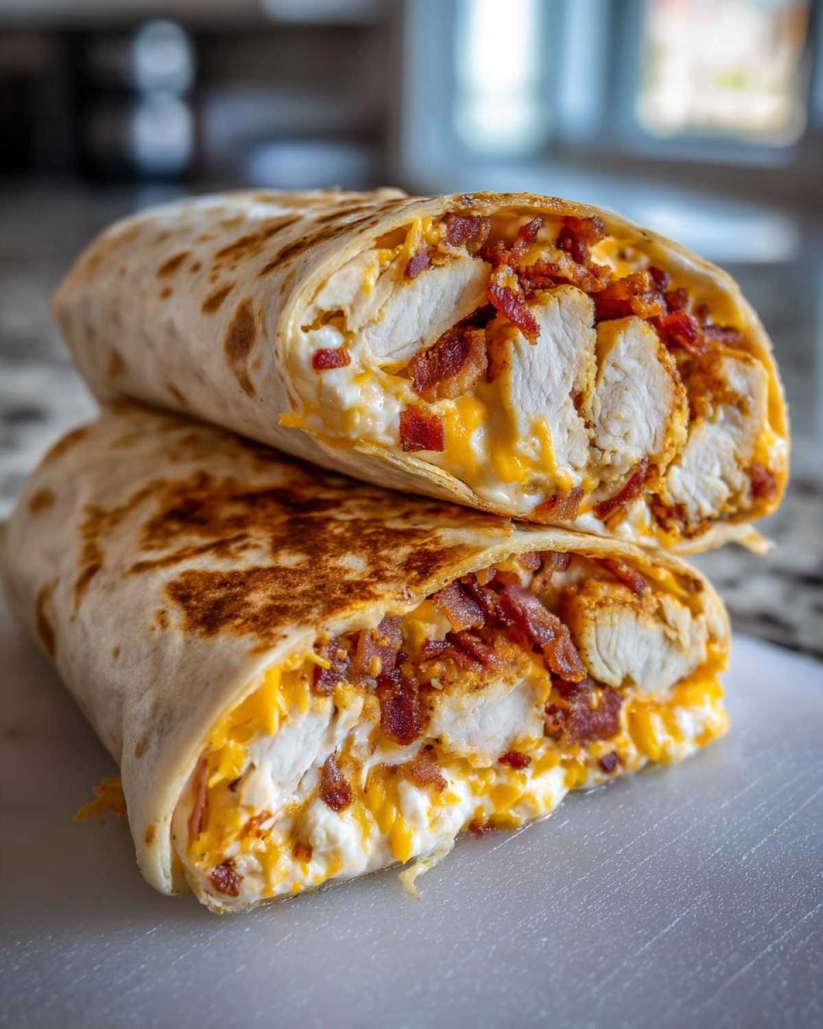 Two halves of Air Fryer Crispy Chicken Bacon Ranch Wraps stacked, showing crispy chicken, bacon, cheese, and ranch filling.