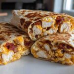 Three halves of Air Fryer Crispy Chicken Bacon Ranch Wraps stacked, showing chunks of chicken, bacon, and melted cheese.