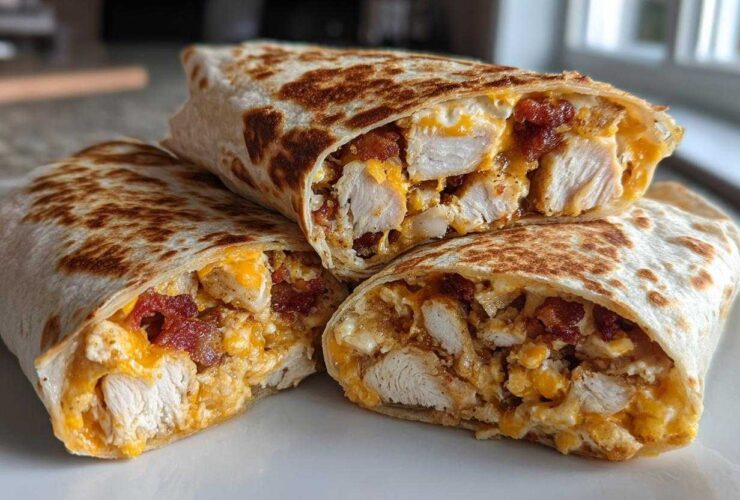 Three halves of Air Fryer Crispy Chicken Bacon Ranch Wraps stacked, showing chunks of chicken, bacon, and melted cheese.