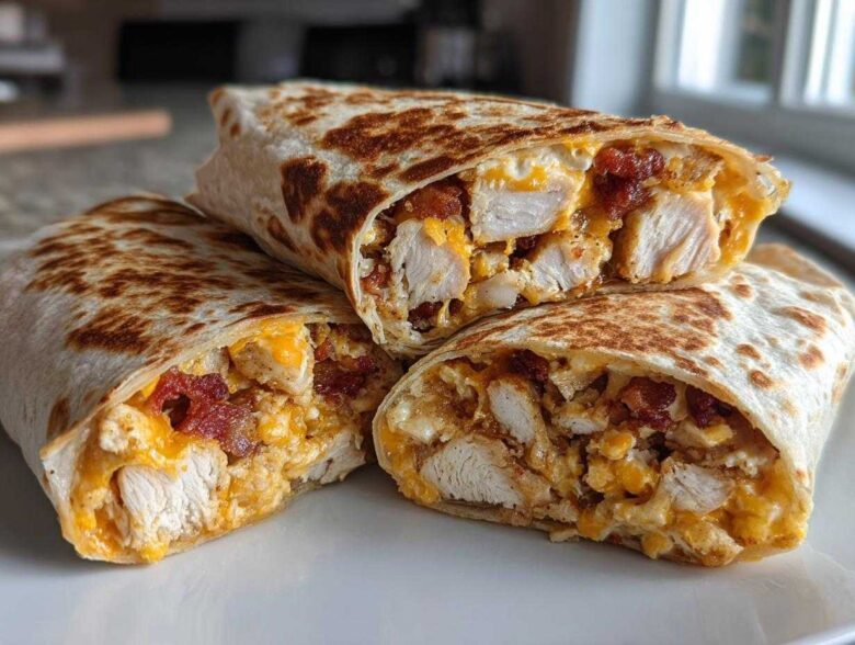 Three halves of Air Fryer Crispy Chicken Bacon Ranch Wraps stacked, showing chunks of chicken, bacon, and melted cheese.
