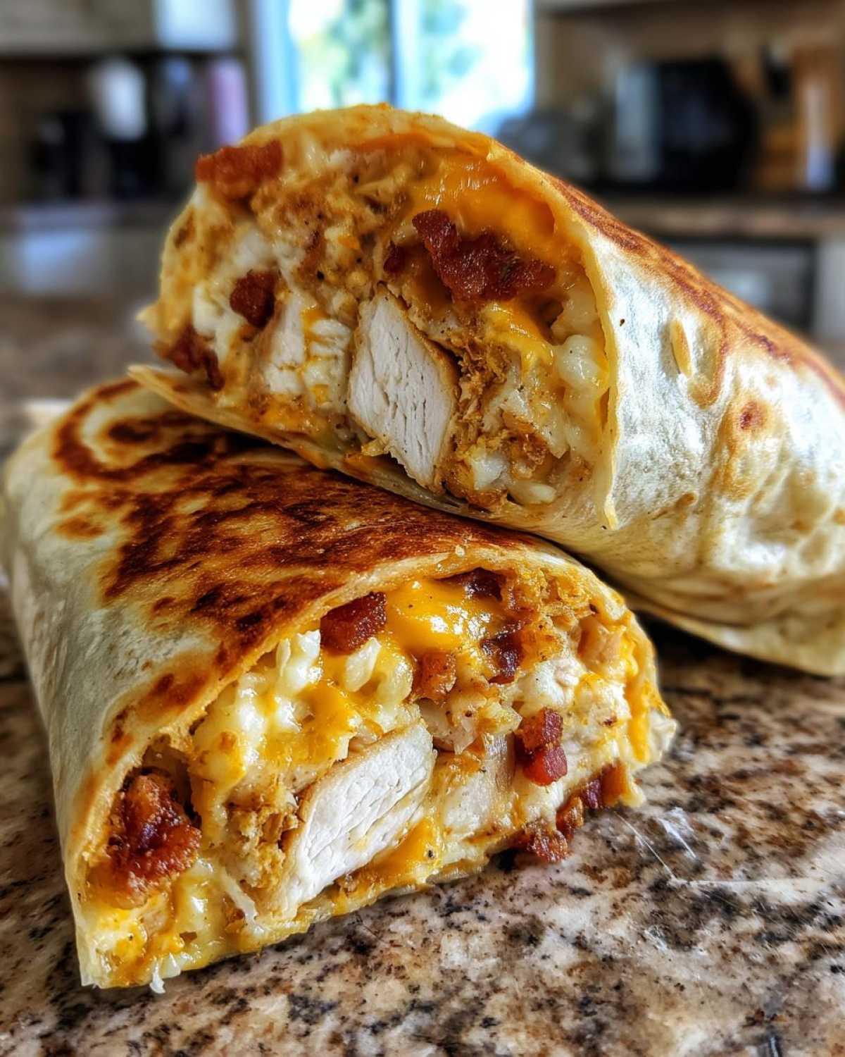 Close-up of Air Fryer Crispy Chicken Bacon Ranch Wraps cut in half, showing chicken, bacon, and melted cheese filling.
