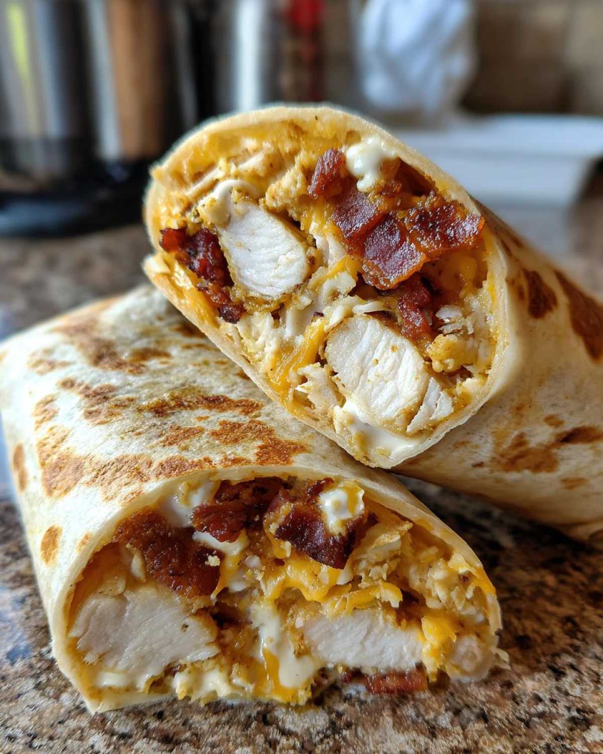 Close-up of Air Fryer Crispy Chicken Bacon Ranch Wraps cut in half, showing chicken, bacon, cheese, and ranch filling.
