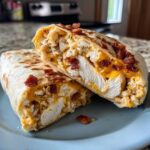 Close-up of Air Fryer Crispy Chicken Bacon Ranch Wraps cut in half, showing chicken, cheese, and bacon filling.