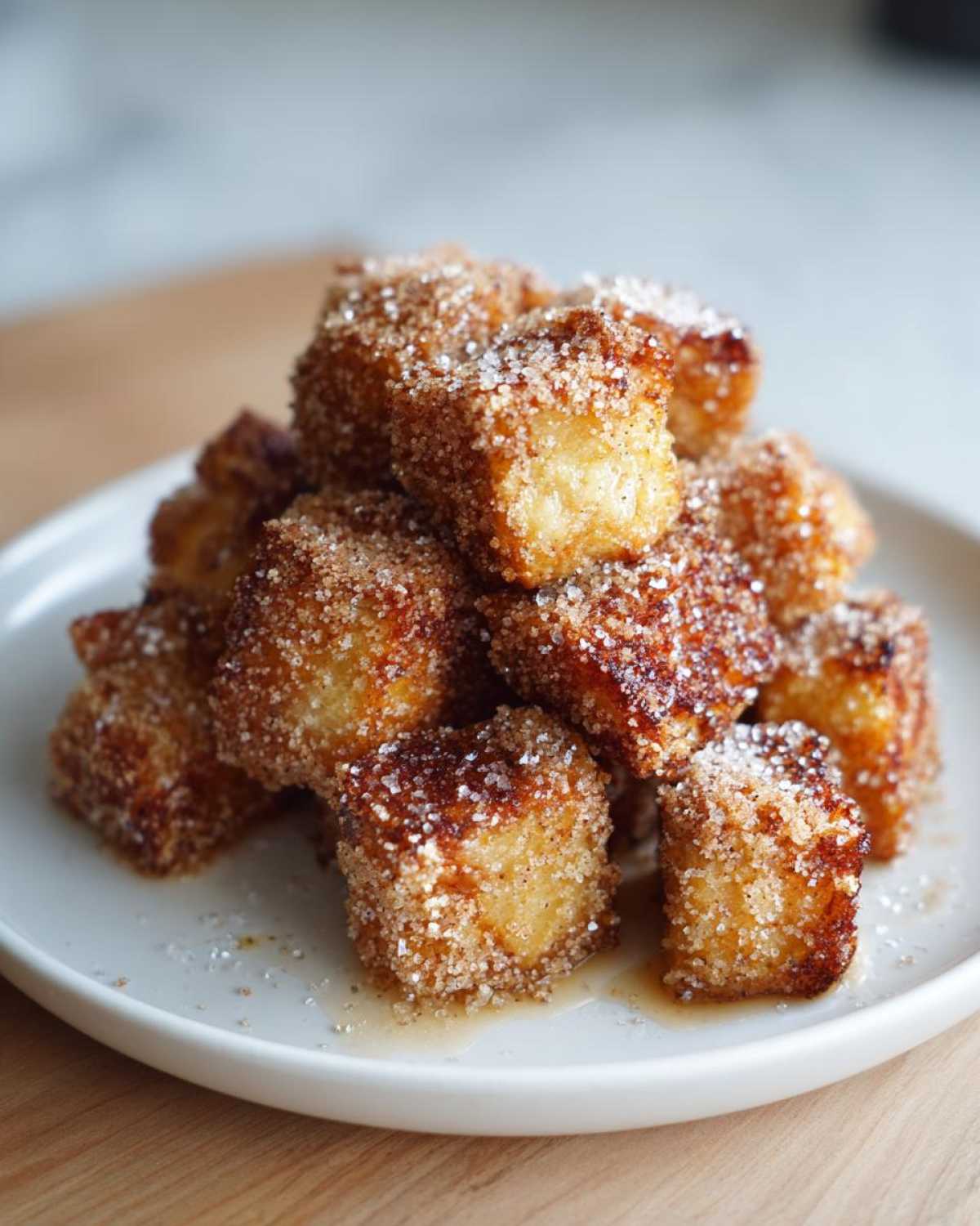 A pile of golden Air Fryer Crispy Cinnamon French Toast Bites coated heavily in cinnamon sugar on a white plate.