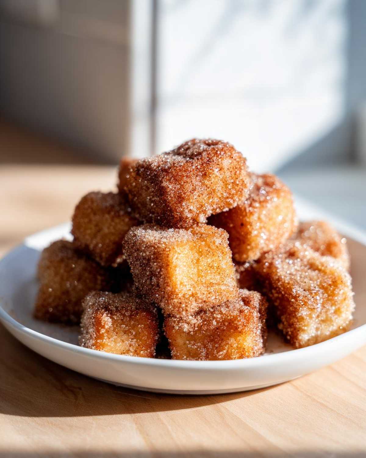 A pile of golden Air Fryer Crispy Cinnamon French Toast Bites coated heavily in cinnamon sugar.