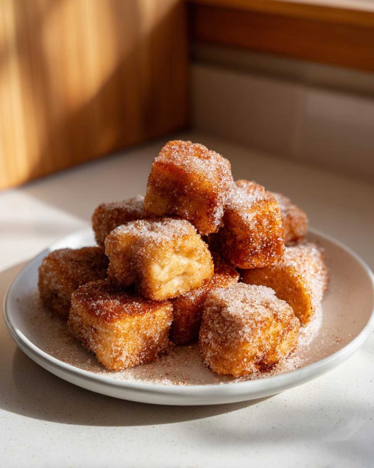 A stack of golden brown Air Fryer Crispy Cinnamon French Toast Bites heavily coated in cinnamon sugar on a white plate.