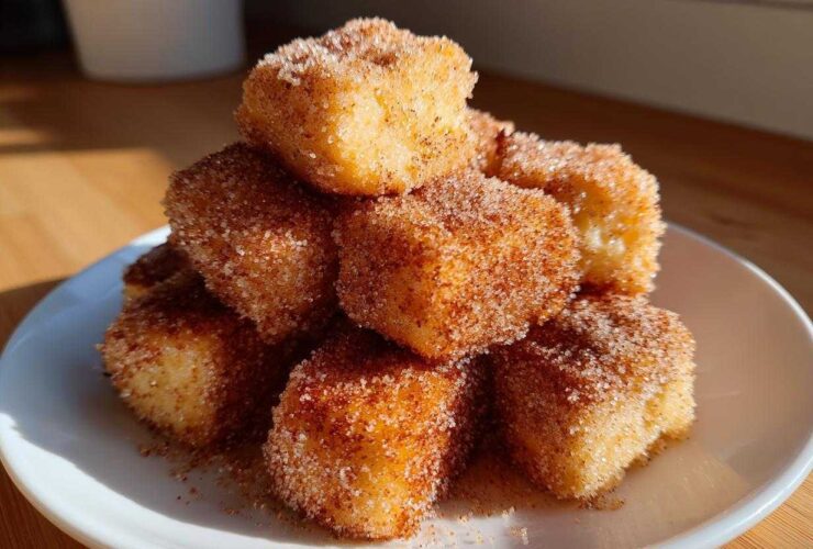 A stack of golden Air Fryer Crispy Cinnamon French Toast Bites coated heavily in cinnamon sugar on a white plate.