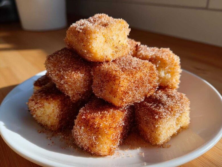 A stack of golden Air Fryer Crispy Cinnamon French Toast Bites coated heavily in cinnamon sugar on a white plate.