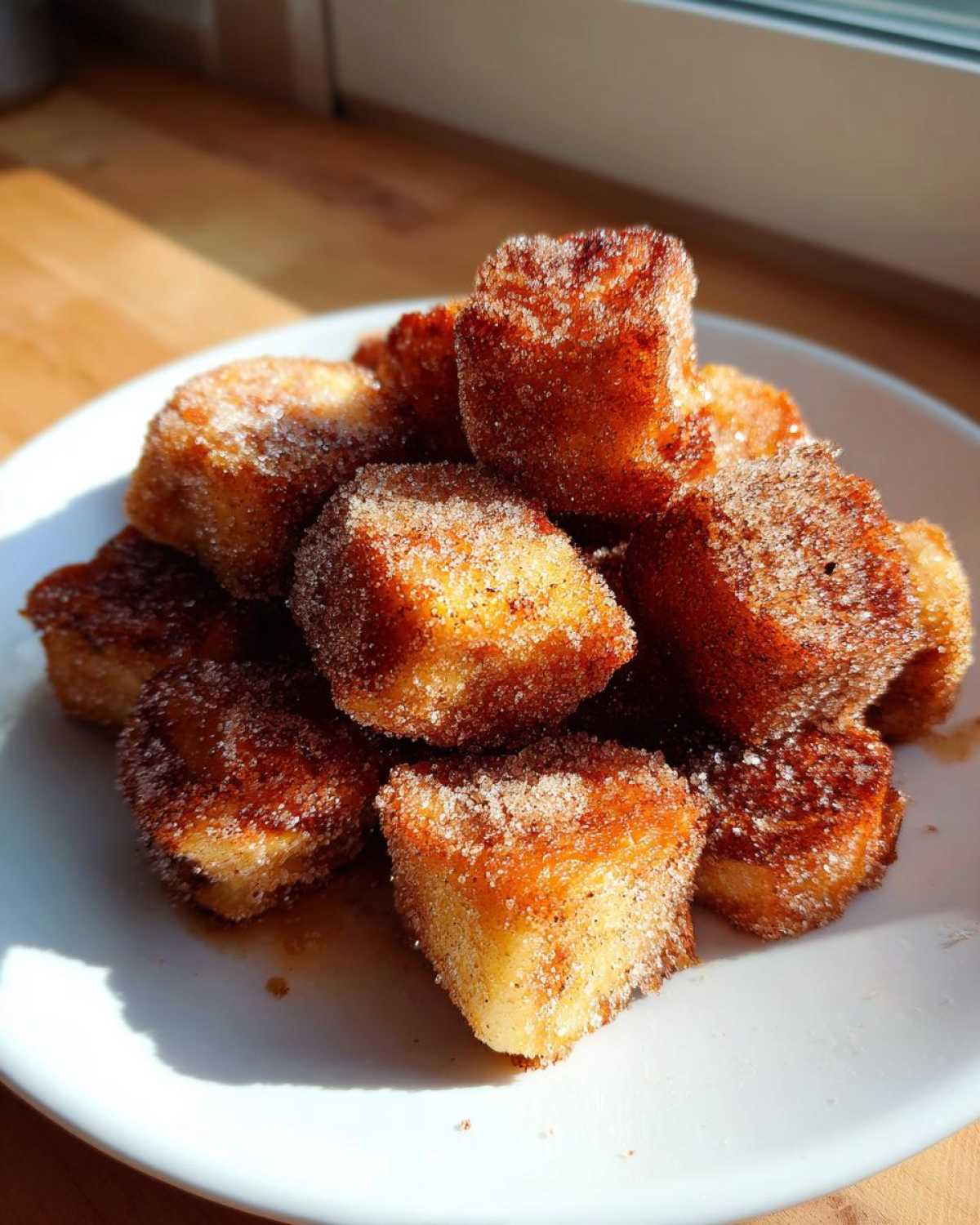 A pile of golden Air Fryer Crispy Cinnamon French Toast Bites coated heavily in cinnamon sugar on a white plate.