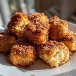 A pile of golden Air Fryer Crispy Cinnamon Sugar Biscuit Bites heavily coated in cinnamon sugar, served on a white plate.