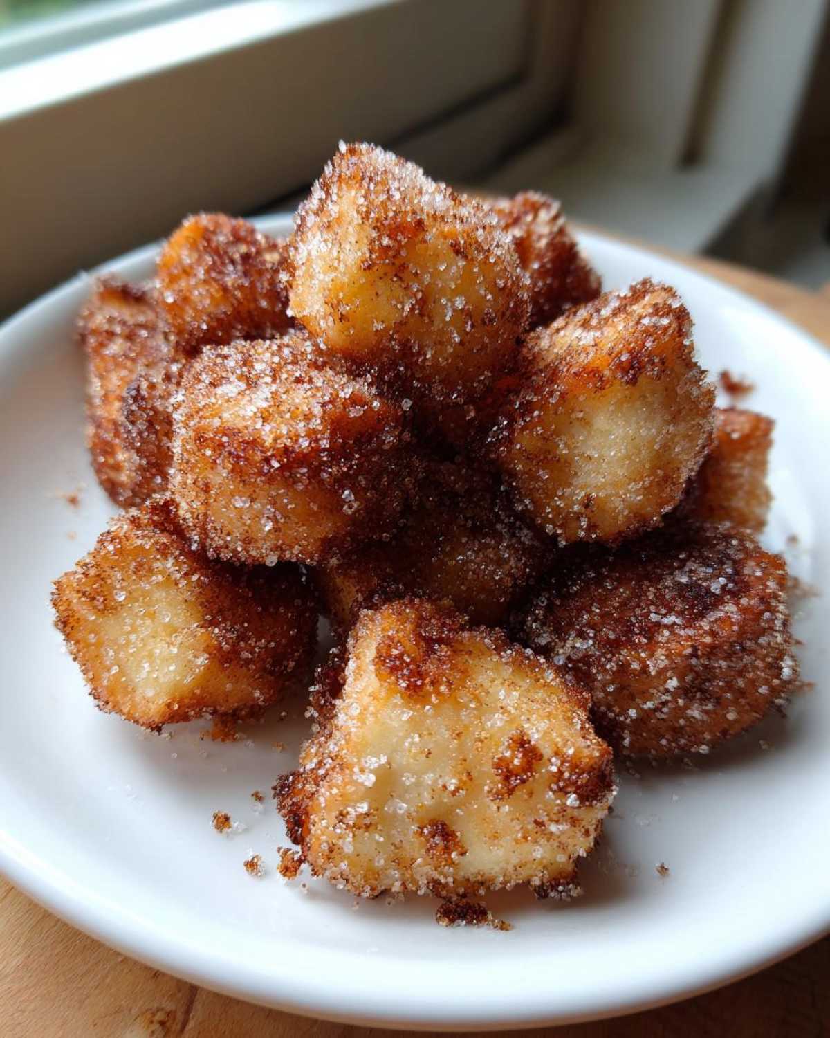 A pile of golden Air Fryer Crispy Cinnamon Sugar Biscuit Bites coated heavily in sparkling cinnamon sugar.