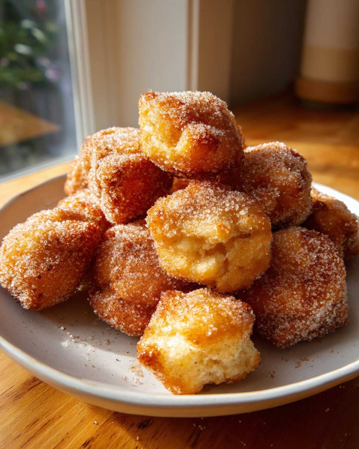 A pile of golden brown Air Fryer Crispy Cinnamon Sugar Biscuit Bites coated heavily in sparkling sugar.