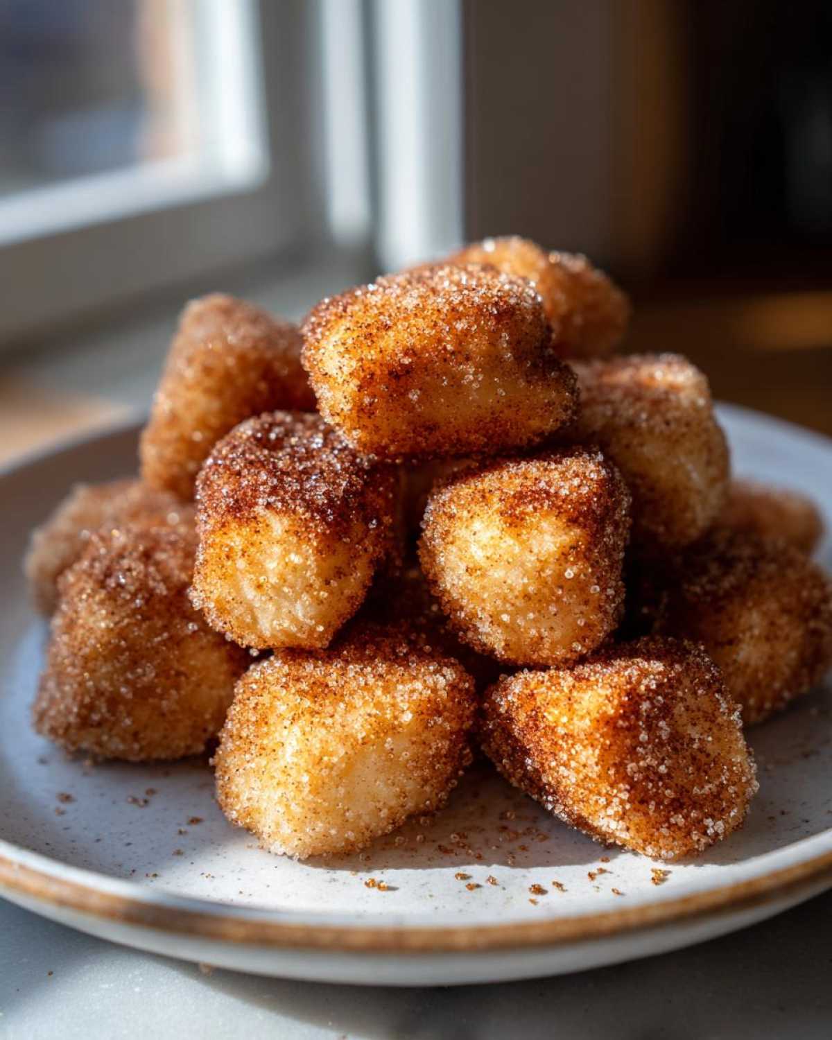 A pile of golden Air Fryer Crispy Cinnamon Sugar Biscuit Bites coated heavily in sparkling cinnamon sugar.