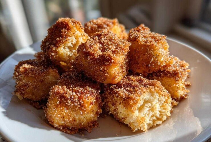 A pile of golden Air Fryer Crispy Cinnamon Sugar Biscuit Bites heavily coated in cinnamon sugar, served on a white plate.