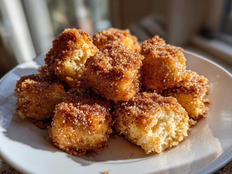 A pile of golden Air Fryer Crispy Cinnamon Sugar Biscuit Bites heavily coated in cinnamon sugar, served on a white plate.