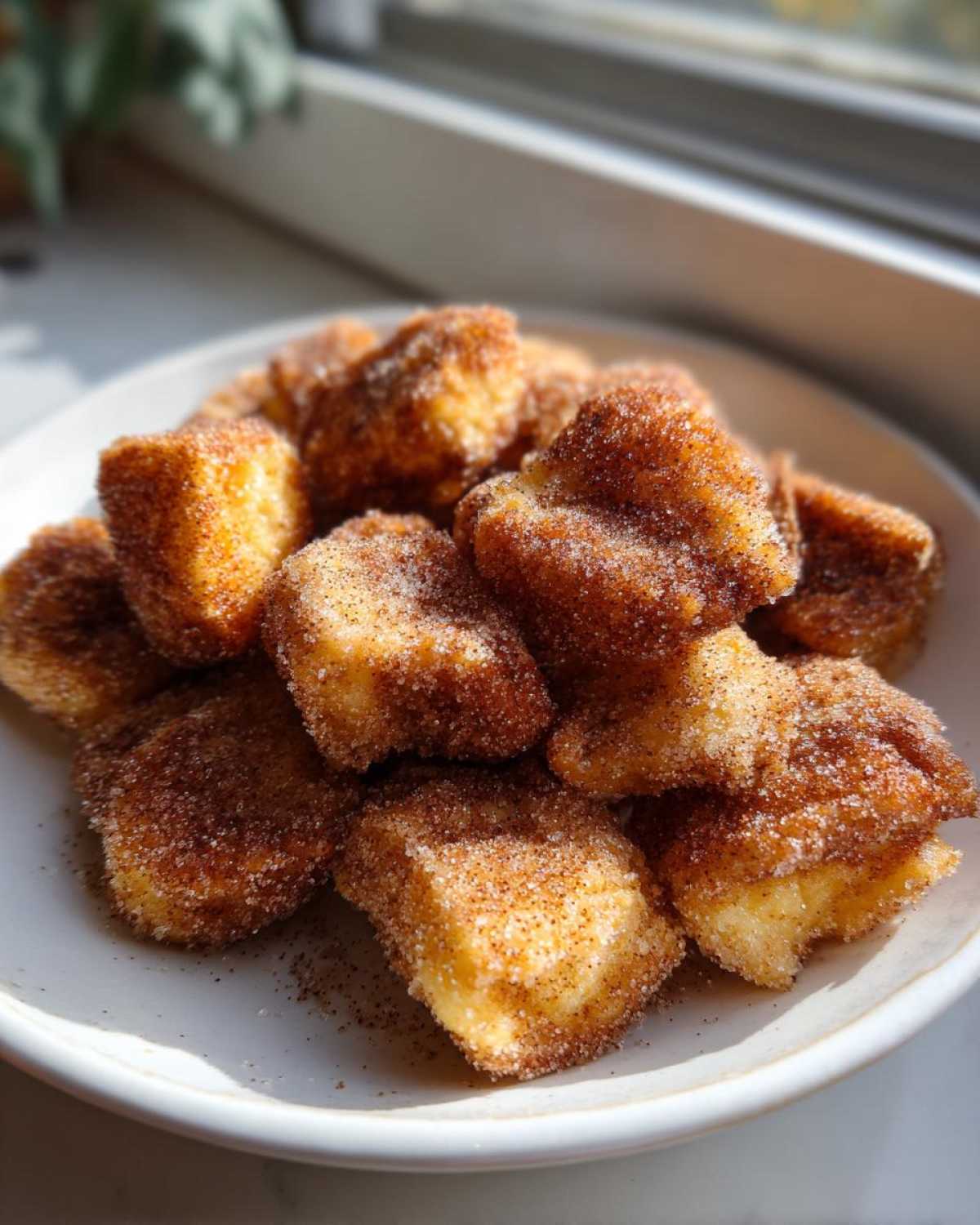 A pile of golden Air Fryer Crispy Cinnamon Sugar Biscuit Bites heavily coated in cinnamon sugar on a white plate.