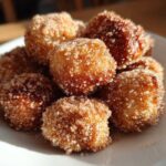 Close-up of several Air Fryer Crispy Cinnamon Sugar Pretzel Bites piled on a white plate.