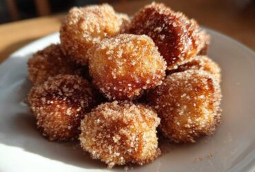 Close-up of several Air Fryer Crispy Cinnamon Sugar Pretzel Bites piled on a white plate.