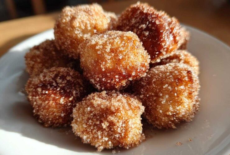 Close-up of several Air Fryer Crispy Cinnamon Sugar Pretzel Bites piled on a white plate.