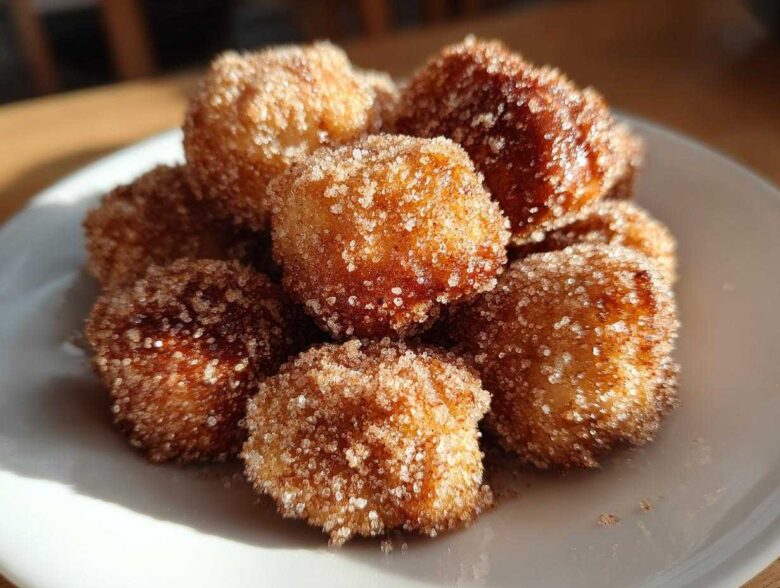 Close-up of several Air Fryer Crispy Cinnamon Sugar Pretzel Bites piled on a white plate.