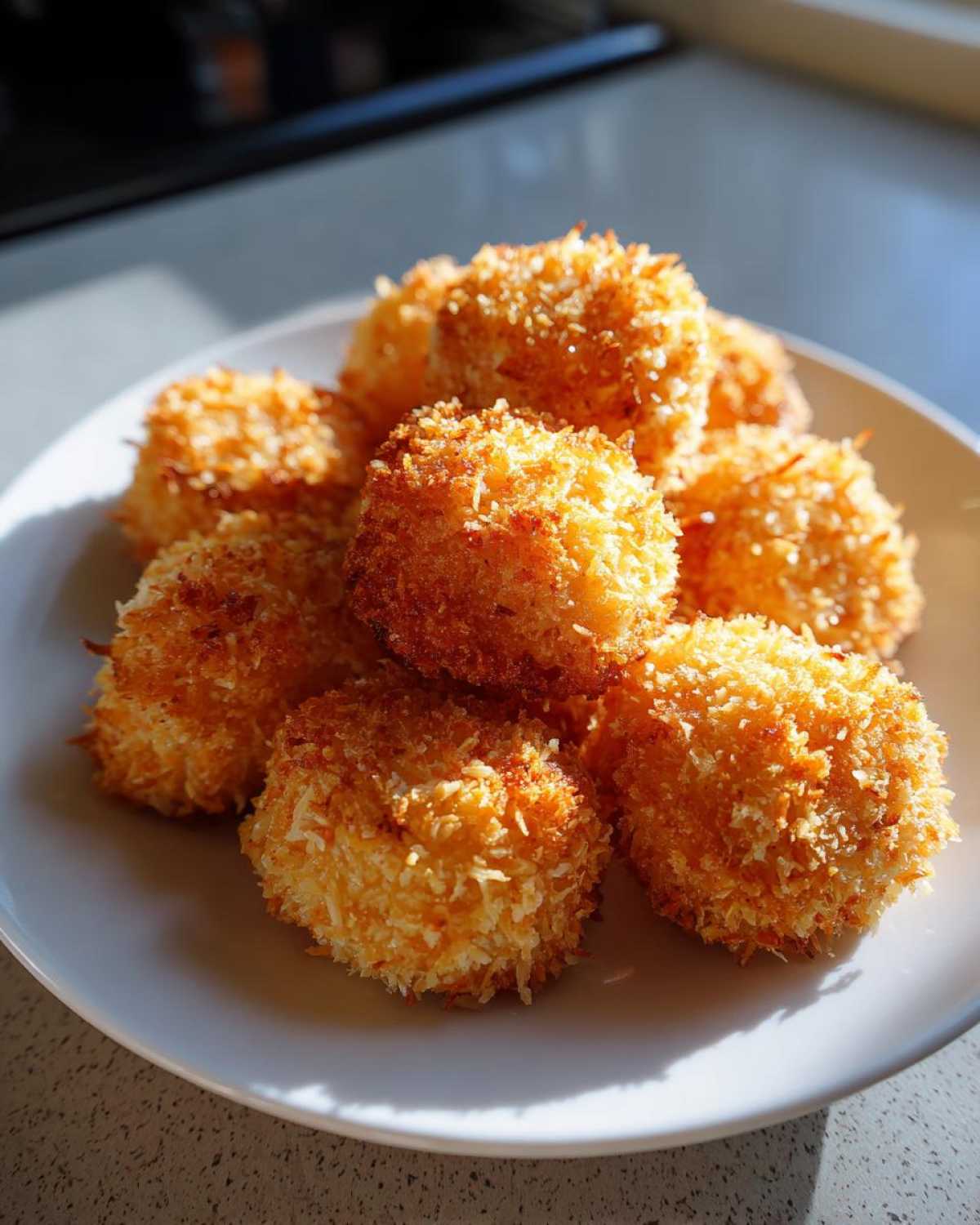 A pile of golden brown Air Fryer Crispy Coconut Chicken Bites stacked on a white plate, catching bright sunlight.