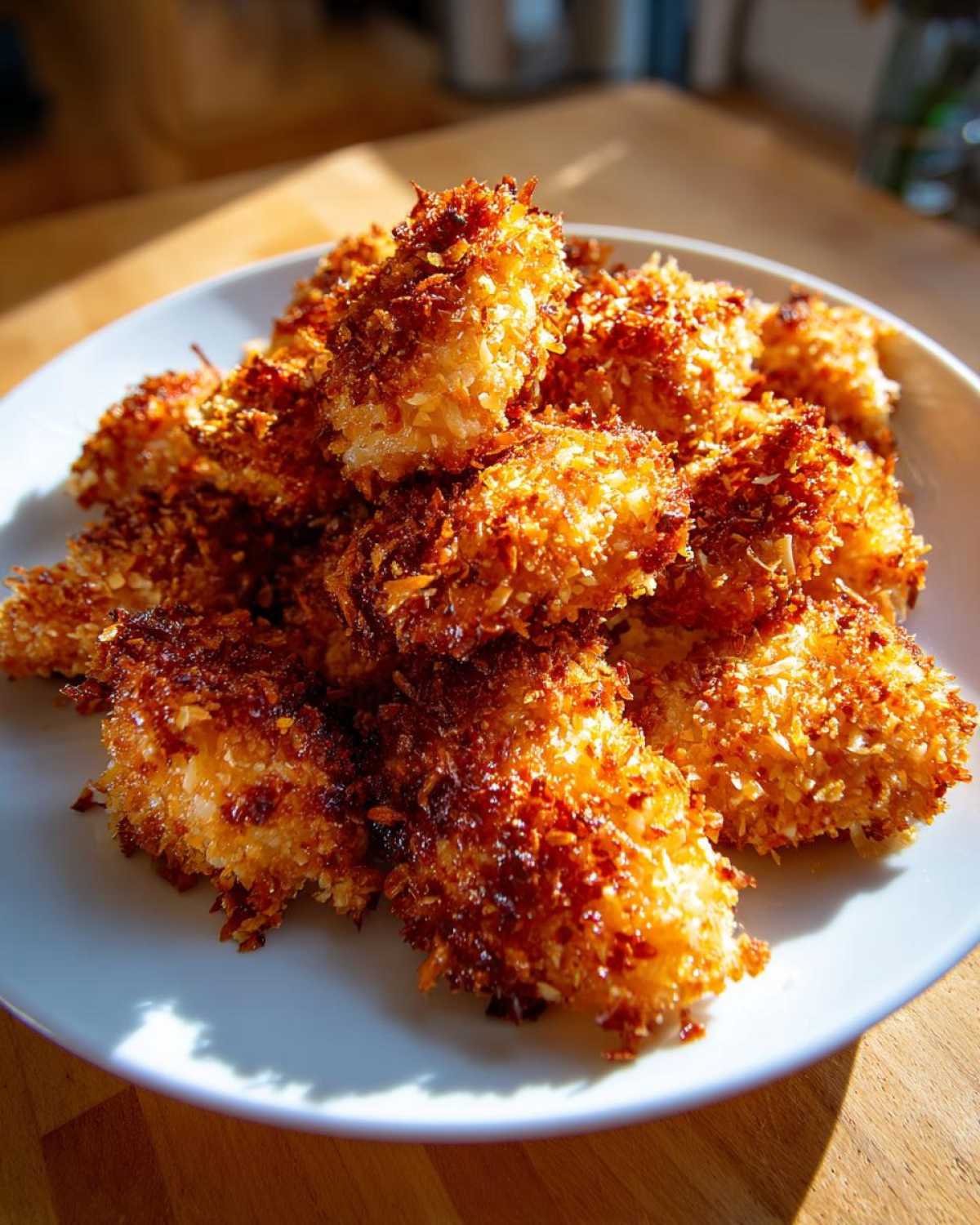 A pile of golden brown, crispy Air Fryer Crispy Coconut Chicken Bites served on a white plate.