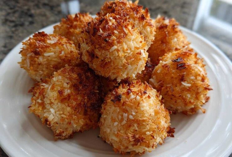 A pile of golden brown, crispy Air Fryer Crispy Coconut Chicken Bites served on a white plate.