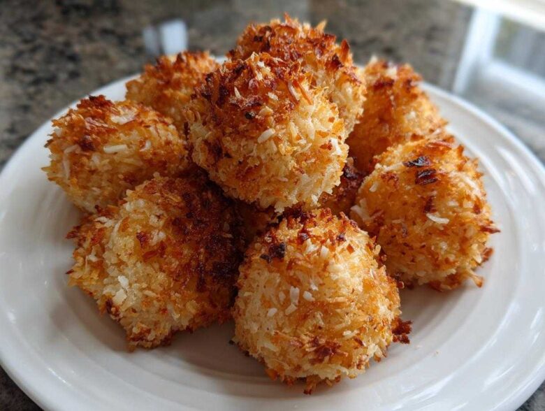 A pile of golden brown, crispy Air Fryer Crispy Coconut Chicken Bites served on a white plate.