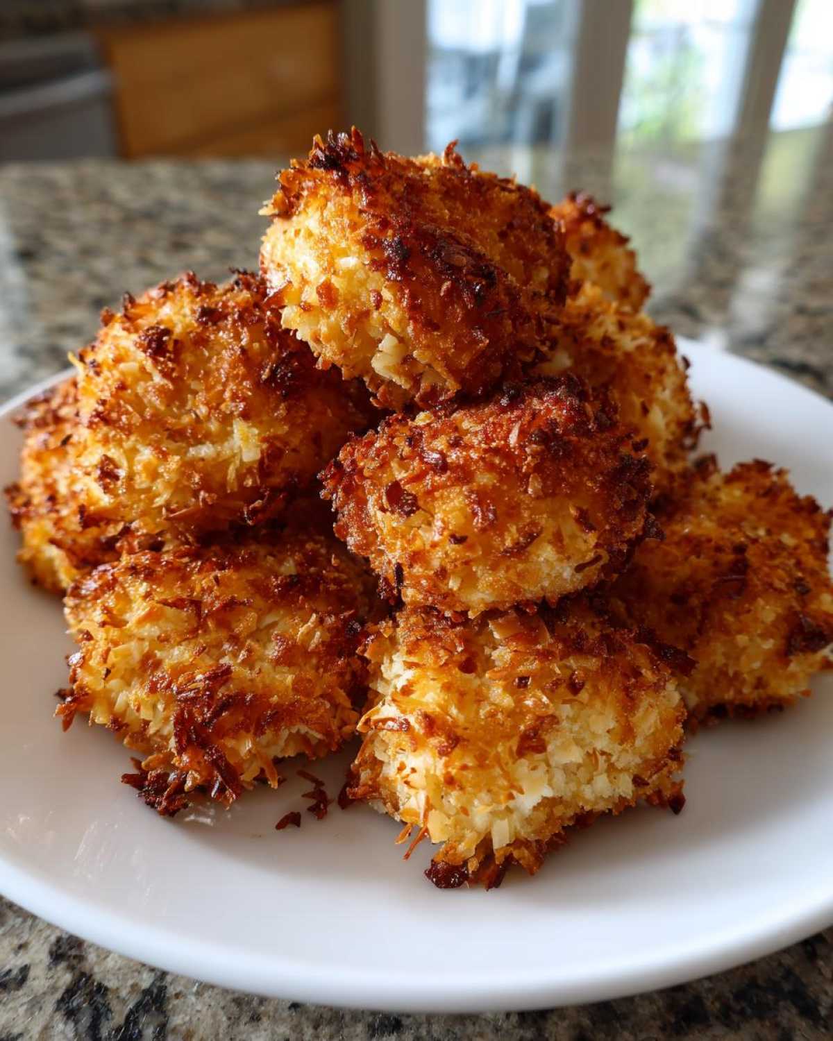 A pile of golden brown, crispy Air Fryer Crispy Coconut Chicken Bites stacked high on a white plate.
