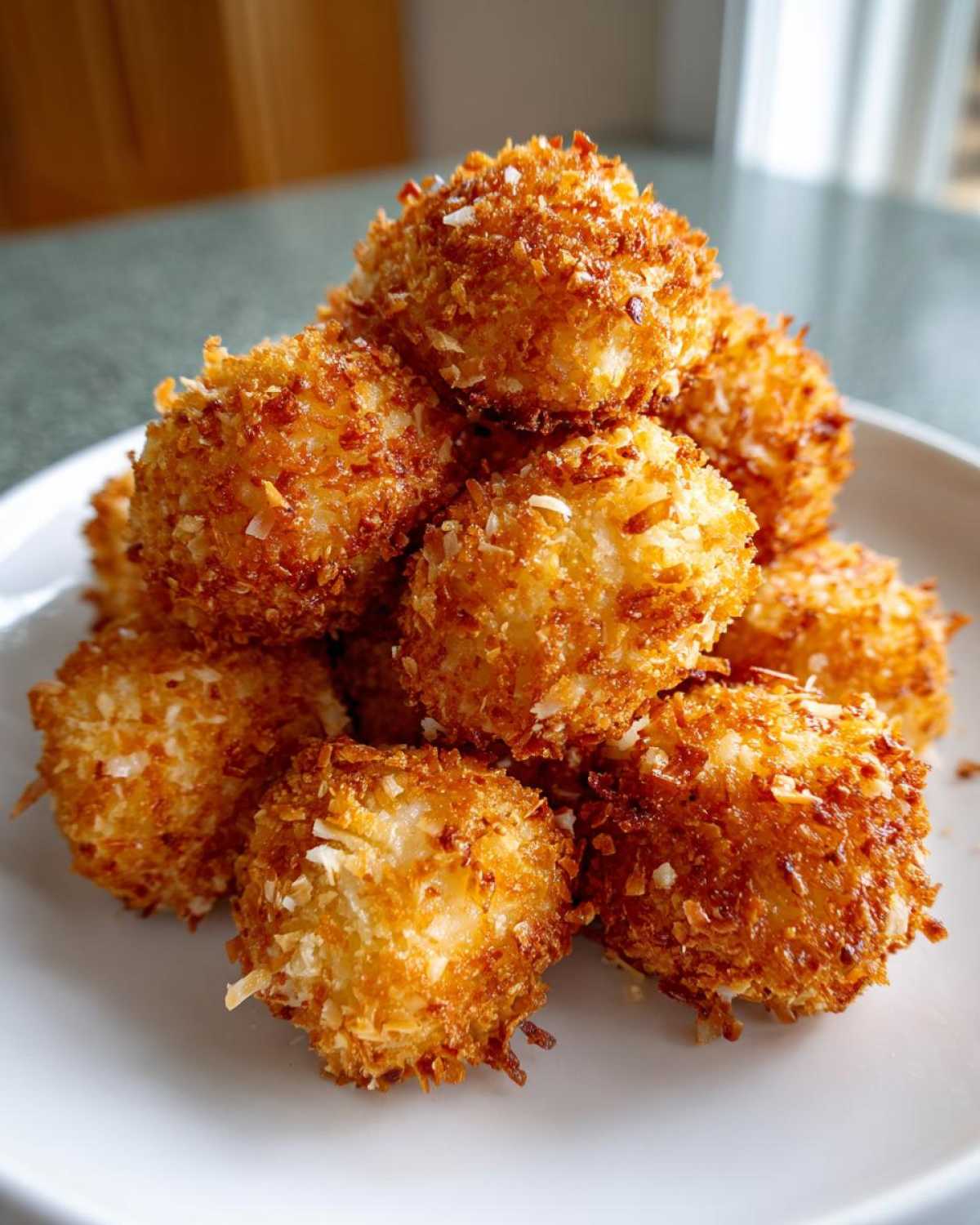 A pile of golden brown, crispy Air Fryer Crispy Coconut Chicken Bites stacked on a white plate.