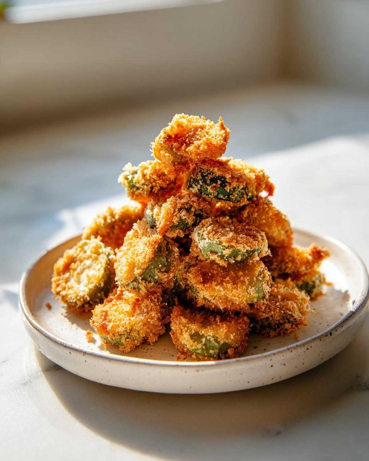 A tall pile of golden brown Air Fryer Crispy Garlic Dill Pickles stacked high on a speckled white plate.