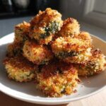 A stack of golden brown Air Fryer Crispy Garlic Dill Pickles with a crunchy coating, served on a white plate.