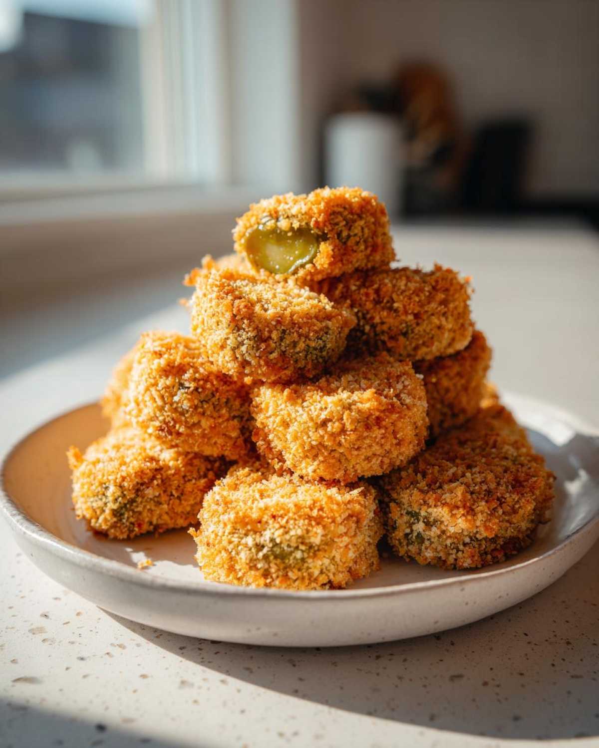 A stack of golden brown Air Fryer Crispy Garlic Dill Pickles piled high on a light-colored plate.