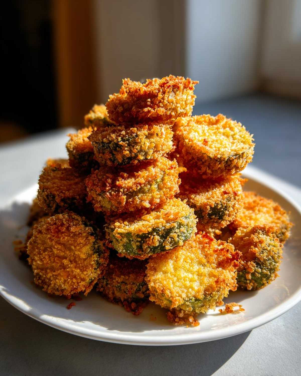 A tall stack of golden brown, crispy Air Fryer Crispy Garlic Dill Pickles piled high on a white plate.