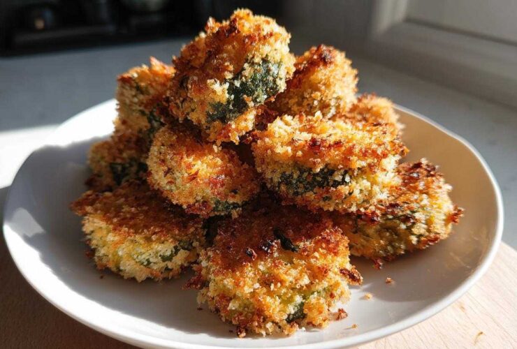 A stack of golden brown Air Fryer Crispy Garlic Dill Pickles with a crunchy coating, served on a white plate.