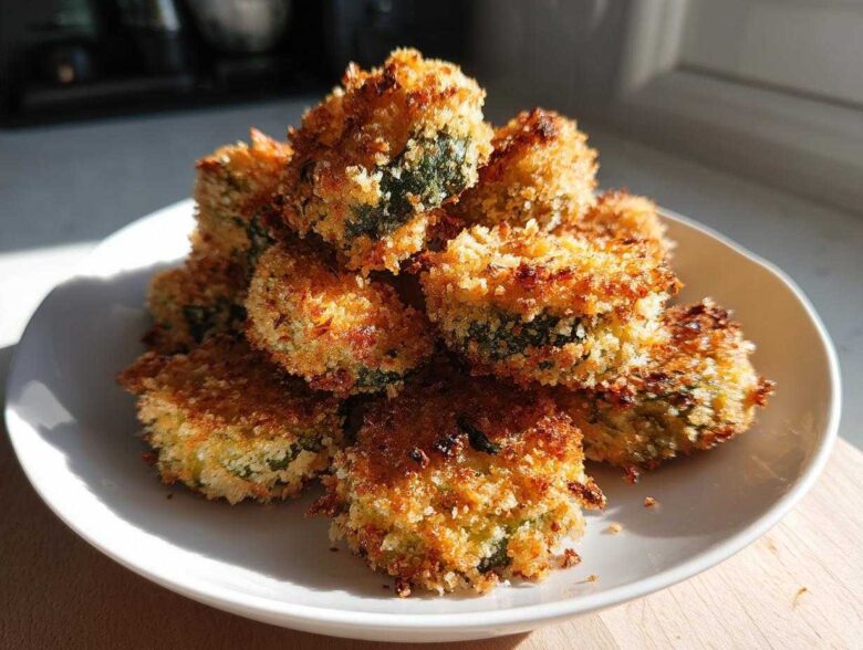 A stack of golden brown Air Fryer Crispy Garlic Dill Pickles with a crunchy coating, served on a white plate.