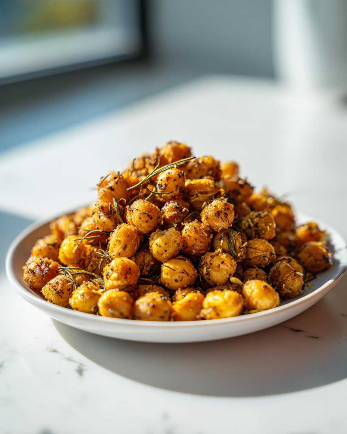 A white bowl filled with golden, crispy Air Fryer Crispy Garlic Herb Chickpeas seasoned with herbs.