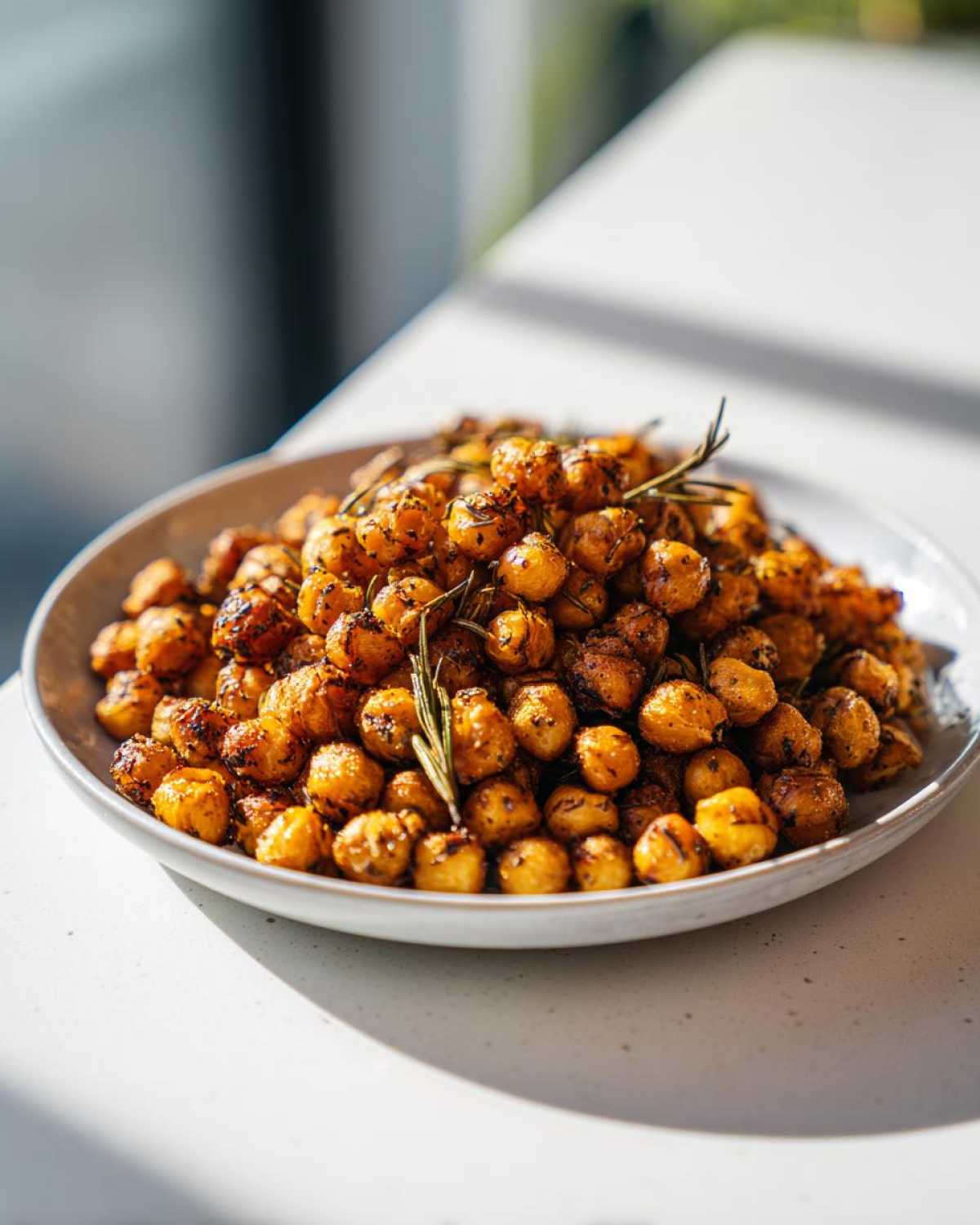 A close-up of a bowl filled with golden brown Air Fryer Crispy Garlic Herb Chickpeas seasoned with rosemary sprigs.