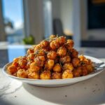 A large mound of golden brown Air Fryer Crispy Garlic Herb Chickpeas seasoned with rosemary, served on a white plate.