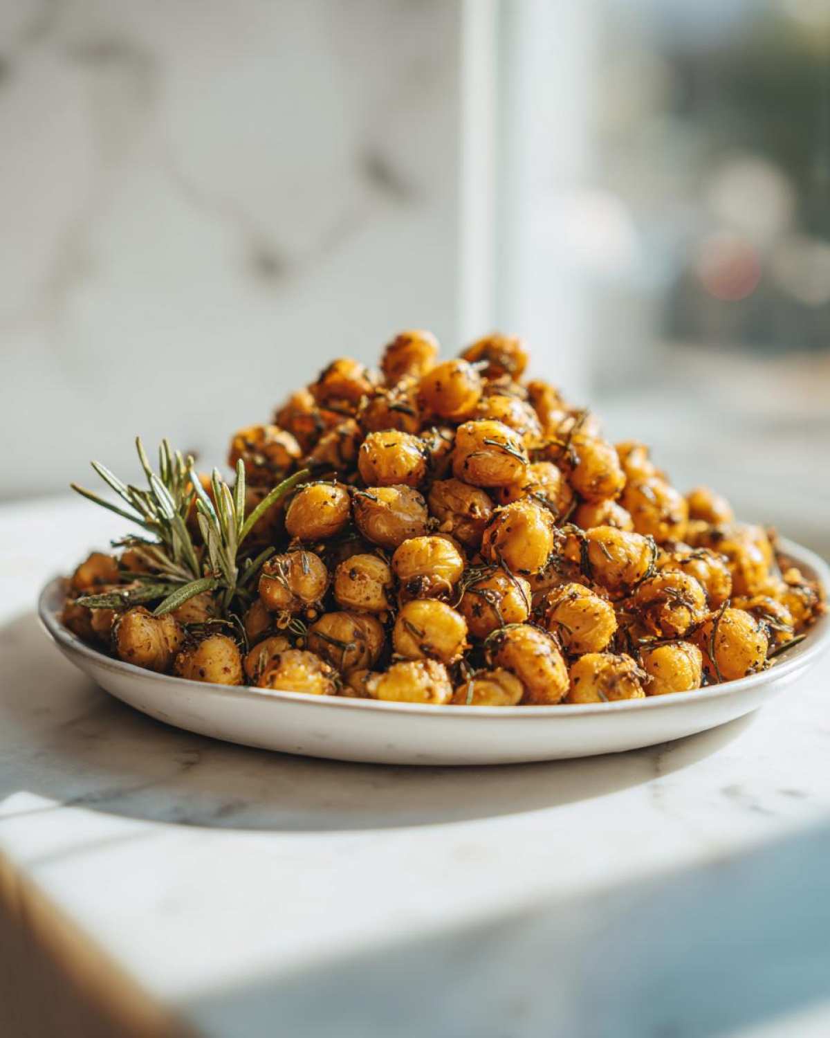 A mound of golden, crispy Air Fryer Crispy Garlic Herb Chickpeas seasoned with herbs on a white plate.