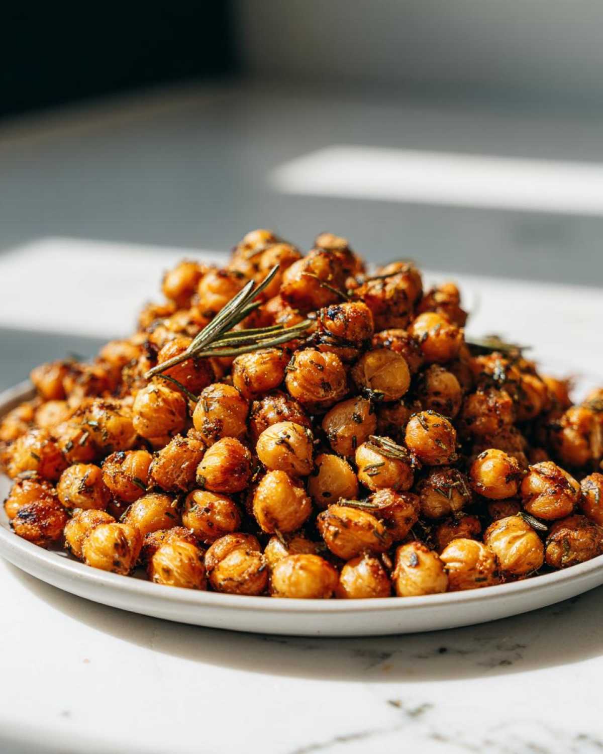 A mound of golden brown Air Fryer Crispy Garlic Herb Chickpeas seasoned with herbs on a light gray plate.