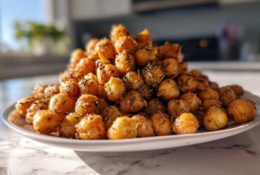 A mound of golden brown Air Fryer Crispy Garlic Herb Chickpeas seasoned with visible rosemary pieces, served on a white plate.