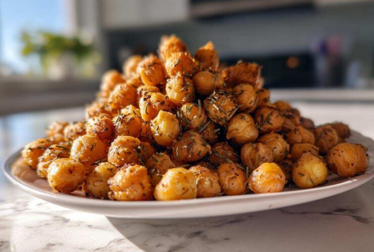A mound of golden brown Air Fryer Crispy Garlic Herb Chickpeas seasoned with visible rosemary pieces, served on a white plate.