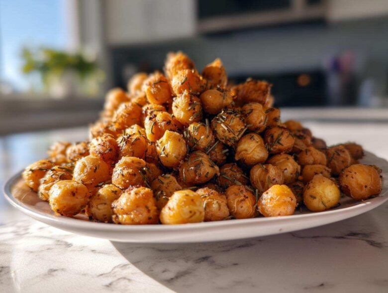 A mound of golden brown Air Fryer Crispy Garlic Herb Chickpeas seasoned with visible rosemary pieces, served on a white plate.