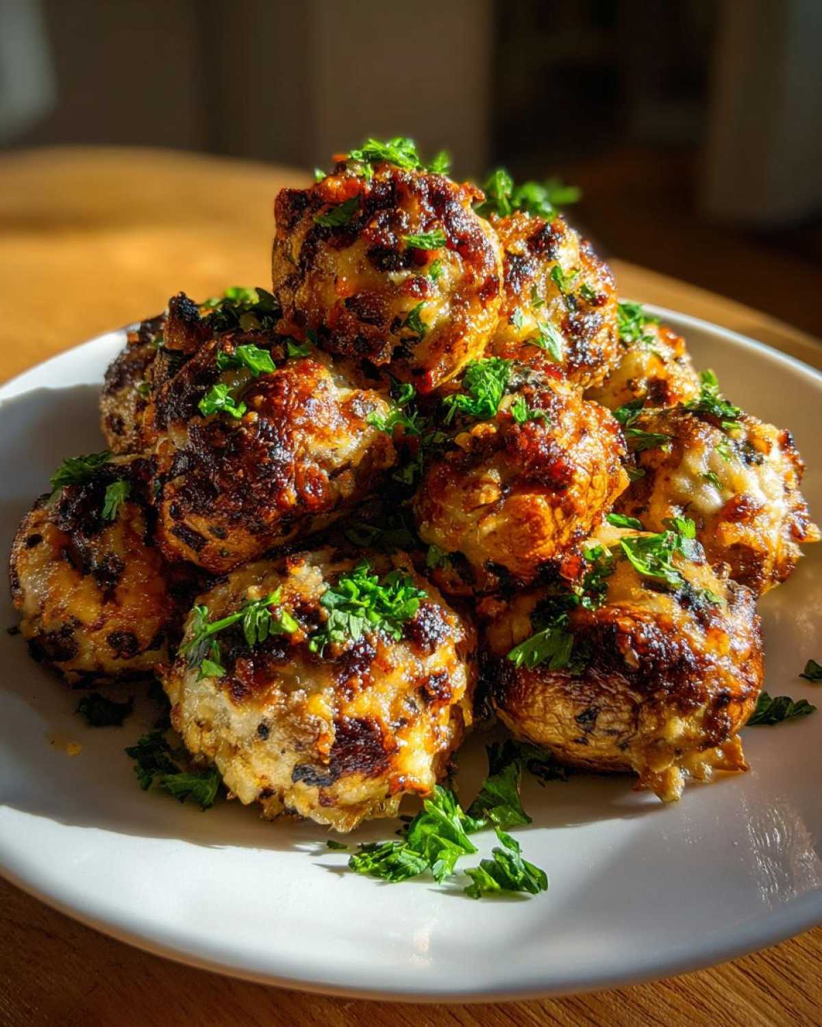 A stack of Air Fryer Crispy Garlic Parmesan Mushrooms, golden brown and topped with fresh parsley.