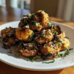 A mound of golden brown Air Fryer Crispy Garlic Parmesan Mushrooms sprinkled with cheese and parsley on a white plate.