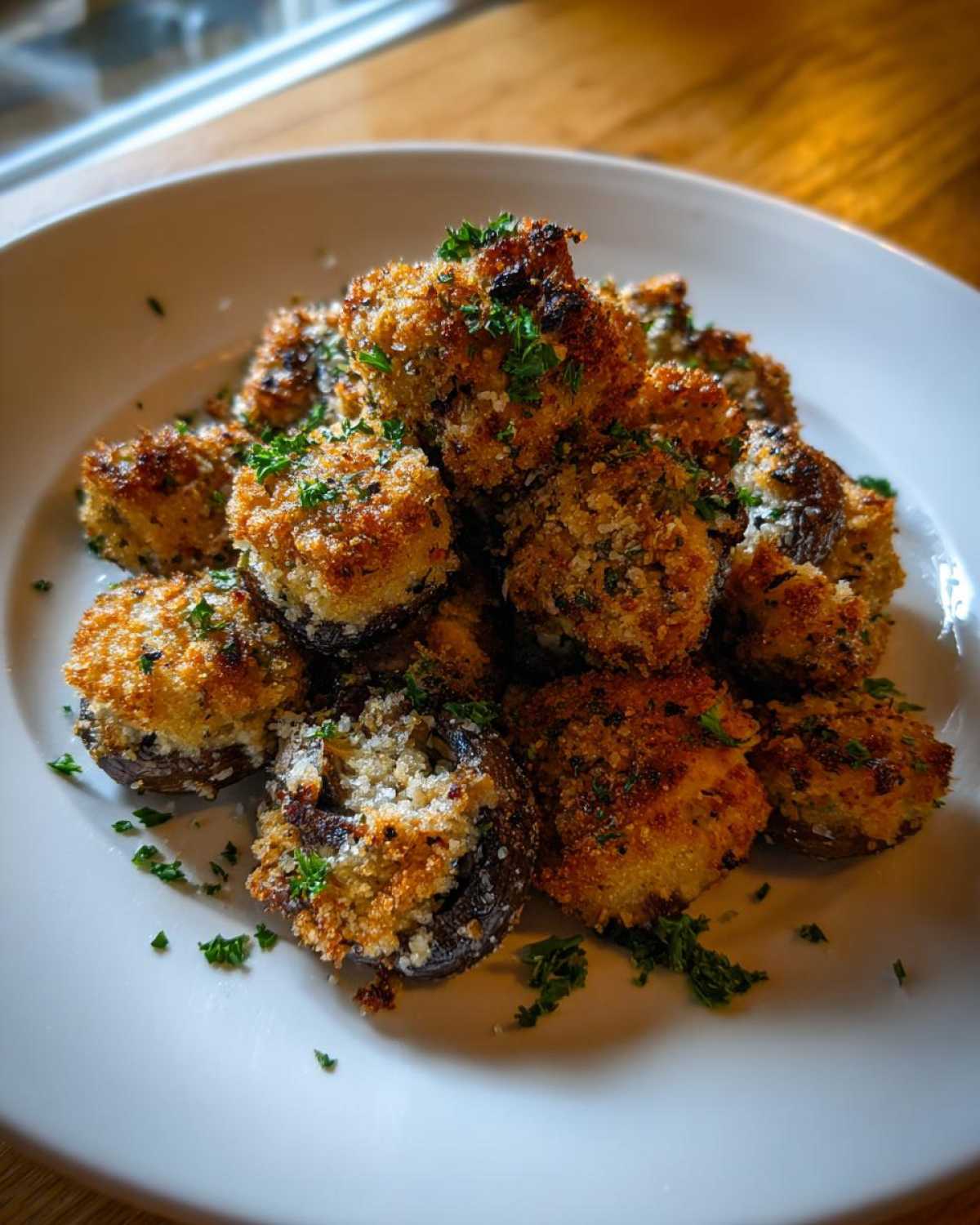 A pile of Air Fryer Crispy Garlic Parmesan Mushrooms, golden brown and topped with parsley.
